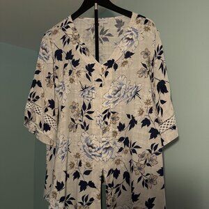 AB Studio Women's Soft Linen-Feel V-Neck 1/2 Sleeve Blouse Size XL